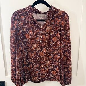 LOFT Burgundy Floral Button-Down Blouse